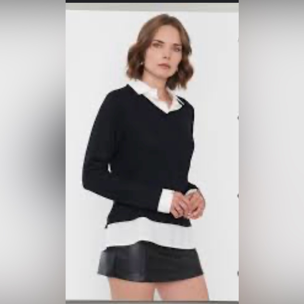 Adrianna  Papell size S woman Black V-Neck Sweater with Elegant White Details